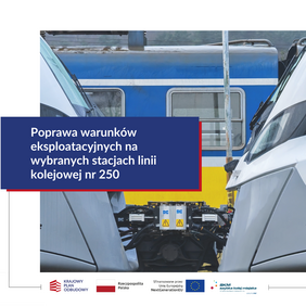 grafika projektowa z pociągami SKM PKP w trójmieście w tle, ciąg znaków KPO PL UE i SKM